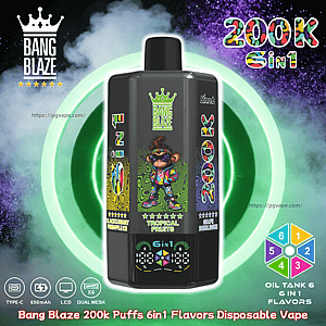 Bang Blaze 200k Puffs 6in1 disposable vape bottle with a cartoon monkey on the label, set against a bright neon green ring.