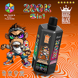 Black Bang Blaze vape bottle with colorful graphics beside a cartoon monkey on an orange background, labeled 200K Sin1.