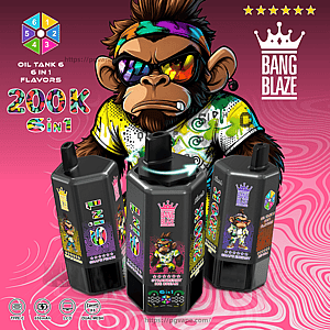 Cartoon monkey with a rainbow bandana and sunglasses, beside four black vape tanks with colorful labels on a pink background.