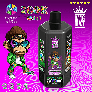 Vibrant purple-pink Bang Blaze vape ad with a large black bottle, a cartoon monkey mascot, and Passion Fruit Grapefruit flavor