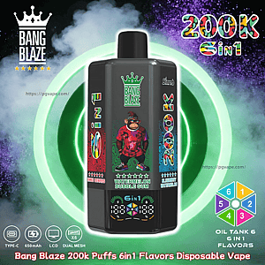 Bang Blaze disposable vape bottle with a cartoon gorilla label, 200k puffs and 6in1 flavors, shown with neon green rings.