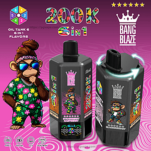 Two black Bang Blaze bottles with a tropical monkey in a floral shirt against a pink background, highlighting 6-in-1 flavors.