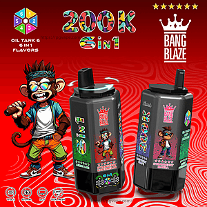 Two black Bang Blaze vape bottles with a cartoon monkey mascot on a red swirl background, featuring 200K 6-in-1 branding.