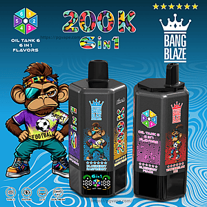Two black oil-tank vape bottles with colorful labels and a cartoon monkey mascot, Bang Blaze branding, and 6-in-1 flavors.