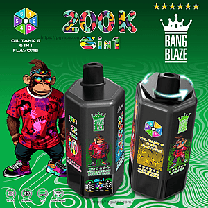 Two dark gray 6-in-1 vape bottles with colorful labels and a cartoon monkey mascot, set against a green swirling background.