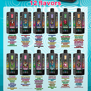 Two rows of Bang energy drink bottles with cartoon characters on the labels, colorful flavor names, and a 12 flavors banner.