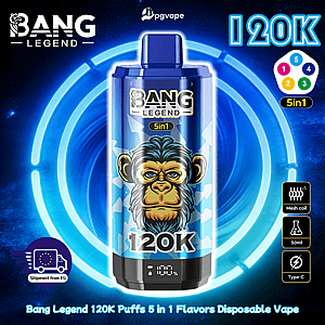 Bang Legend 120K 5-in-1 disposable vape can featuring a blue monkey graphic against a neon blue circular background