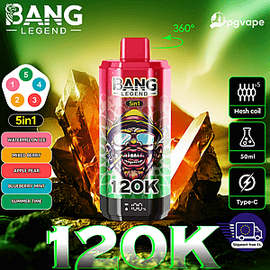 Bang Legend 5in1 vape bottle with pink cap and 120K branding amid crystals; flavors: Watermelon Ice, Mixed Berry.