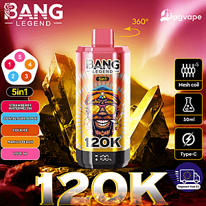 Bang Legend 5in1 vape bottle with pink artwork, 120K label, 50ml capacity, mesh coil icon, Type-C, and EU shipping badge.