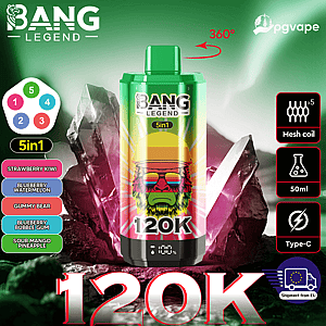Bang Legend 5in1 energy drink can with a rainbow gorilla wearing sunglasses, 120K, set on crystal rocks.