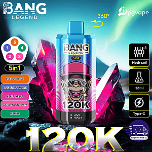 Bang Legend 5in1 vape bottle with pink cap and 120K label, neon crystals; features 50ml, mesh coil, Type-C, EU shipping.
