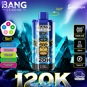 Blue Bang Legend 5in1 vape bottle with a monkey mascot, 50ml, mesh coil, Type-C, 360° rotation, flavor list.