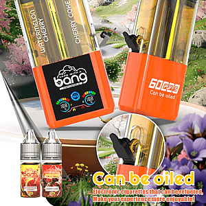 Two orange transparent disposable vape devices angled on a colorful backdrop featuring 60 puffs, Type-C, 550mAh, 1.0Ω coil.