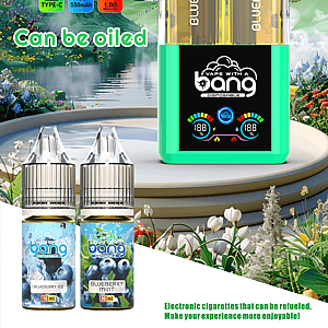 Vibrant outdoor Bang disposable vape ad featuring a large green device with two flavor pods labeled Blueberry Ice and Blueberry Mint, plus flavor bottles, set against a mountain lake landscape.