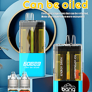 Blue-toned advertisement for Bang disposable vape, showing two large devices, small flavor bottles, and the bold slogan Can be oiled.
