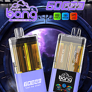 Two purple-bottom disposable vape devices with clear tanks, 60 Puffs branding, set against a space-themed background.