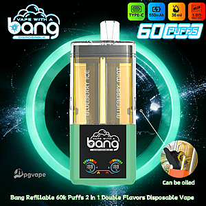 Green disposable vape with two clear cartridges labeled Blueberry Ice and Blueberry Mint, Vape With A Bong logo, 60k puffs.