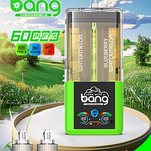 Bang Disposable Vape poster featuring a green device, Bang logo, 60 flavors, Watermelon and Blueberry Watermelon bottles.
