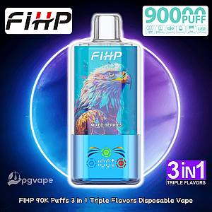 FIHP disposable vape with blue eagle artwork and Mixed Berries label; clear body, blue base, 3in1 flavors.