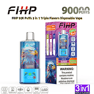 FIHP 90K Puffs 3-in-1 disposable vape with blue eagle artwork, boxed trio flavors: Love 66, Blueberry Raspberry, Peach Ice.