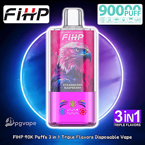 FIHP 90K Puffs disposable vape with pink panel and eagle artwork, Strawberry Raspberry flavor, 3-in-1 triple flavors.