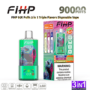 FIHP 90K Puffs disposable vape; green device with colorful bird artwork beside a box stamped 3-in-1 Triple Flavors.
