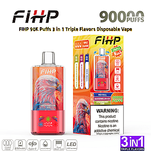 FiHP 90K puffs disposable vape with 3 in 1 triple flavors, pink-orange device featuring an eagle, beside the colorful box.