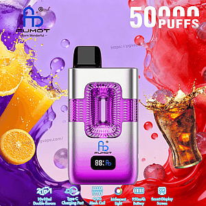 Purple and silver vape device with a faceted purple chamber, black mouthpiece, and digital display, branded GUMOT against a colorful splash background.