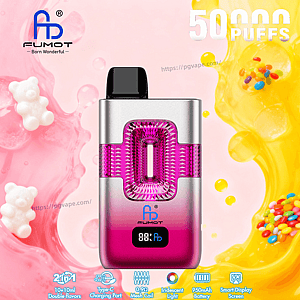 Pink and silver FUMOT vape pod with a magenta crystal chamber, black mouthpiece, and digital display, advertised as 50 puffs.