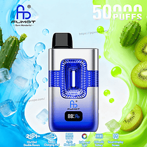 Blue and silver FUMOT vape pod with a blue window, black mouthpiece, and display against kiwi and cactus background