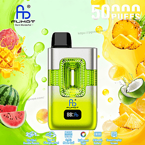 Compact vape device with silver body, green translucent chamber and black mouthpiece, set against a tropical fruit background.