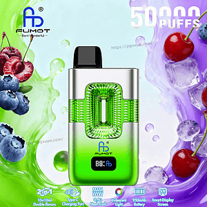 FUMOT disposable vape in silver and green with a textured central window and black mouthpiece, set against fruity splash art.