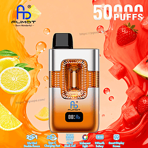 Modern vape pod with amber center, black mouthpiece, orange liquid, and a fruity background showing 50 Puffs.