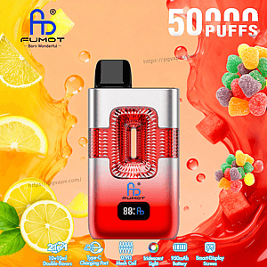 FUMOT vape device with a silver body, red textured window and black mouthpiece, set against citrus and candy background.