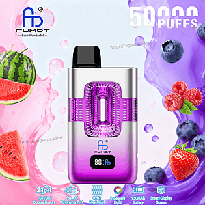 FUMOT vape device with purple gradient body and transparent center, set among watermelon and berries, featuring 50 puffs.
