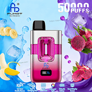 FUMOT pink gradient vape with a crystal pink lattice window and black mouthpiece against a blue-purple background.