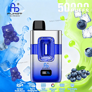 Blue-silver FUMOT vape with a blue translucent chamber and black mouthpiece, set among ice cubes and blueberries.