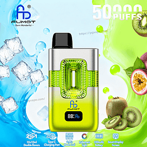 FUMOT vape device with lime-yellow translucent body, silver top, and black mouthpiece, set against ice and kiwi imagery.