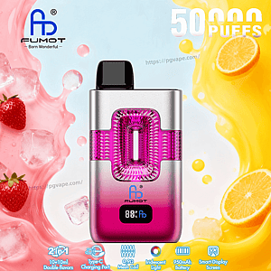 Pink and silver FUMOT disposable vape with a crystal pink lattice window and black mouthpiece, set against pink strawberry and yellow orange splash background.