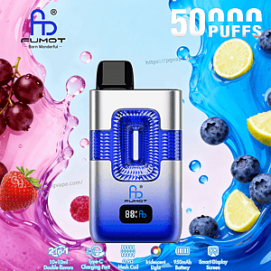FUMOT disposable vape in blue-silver with a textured blue center panel, 50,000 puffs, set against fruity splash imagery.