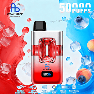 FUMOT compact pod vape in silver and red with a textured red window, black mouthpiece, and a small digital display.