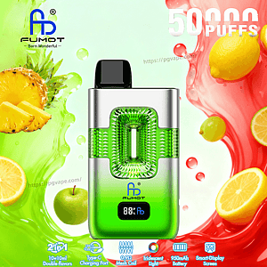 Green and silver FUMOT vape device with a textured green grip and black mouthpiece, displayed against a citrus fruit splash background.