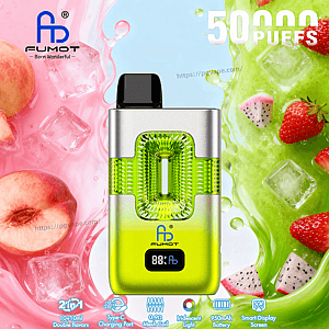 Compact silver and lime-green vape pod with a black mouthpiece, branded FUMOT, against a pink and green fruity splash background.