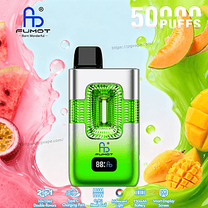 Green translucent vape with silver top and black mouthpiece, textured green window; FUMOT logo on a fruity background.