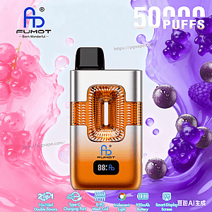 FUMOT disposable vape with silver-orange body, black mouthpiece, orange lattice center, and digital display; 50,000 puffs.