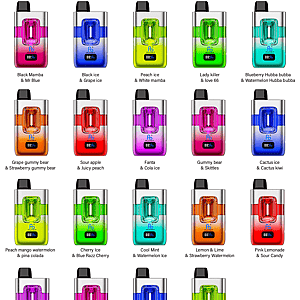 Grid of colorful ECO 2in1 50K vape devices in gradient bodies with small displays and flavor labels.