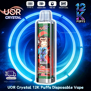 UOR Crystal 12K Puffs disposable vape with transparent pod, strawberry watermelon flavor, set against neon blue rings.