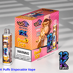 UOR Crystal Peach Ice 12K Puffs disposable vape kit, pink checkered boxes and a clear vape device.