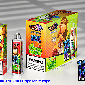 Colorful UOR Crystal 12K Puffs Double Apple disposable vape box and bottle featuring a monkey mascot and 20 mg nicotine label.
