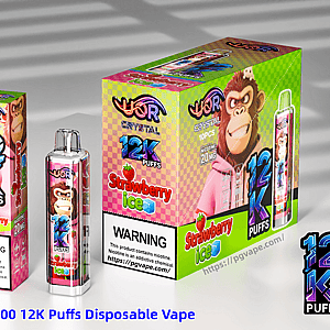 Colorful UOR Crystal Strawberry Ice disposable vape packaging showing 12K puffs, a cartoon monkey, and strawberry graphics.
